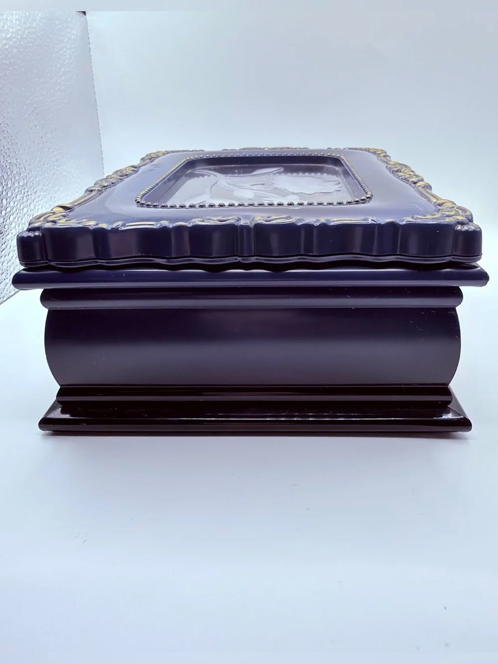 Vintage Blue Hard Plastic Jewelry Box Clear Plastic Flower Window Decor & Frame.